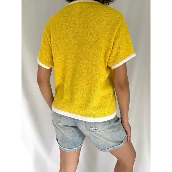 90s vintage yellow knit beach vacation slouchy fun short sleeved button up shirt - Picture 5 of 8